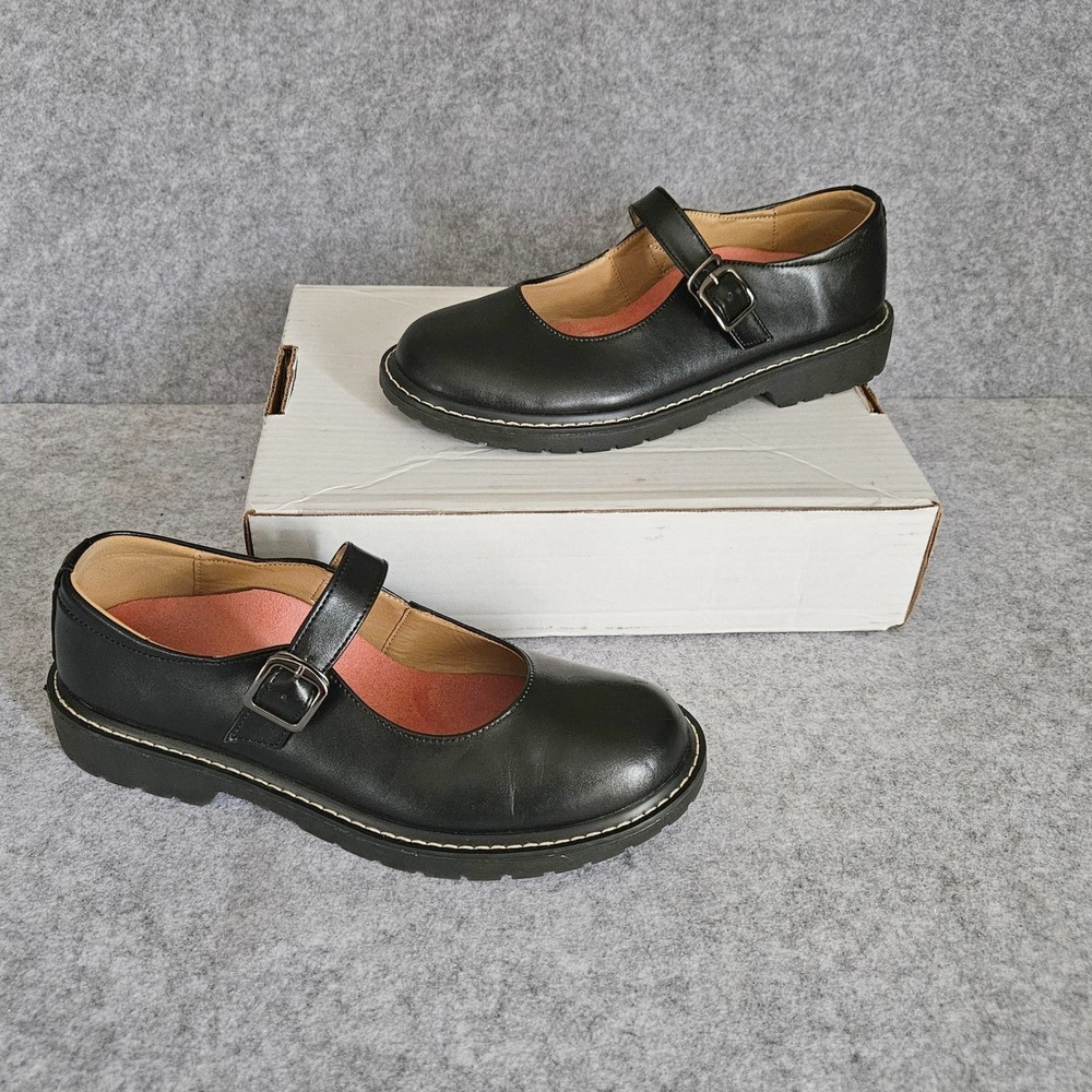 Aetrex Black Leather Mary Jane Shoes Memory Foam Buckle Strap Lug Sole Mens 9.5